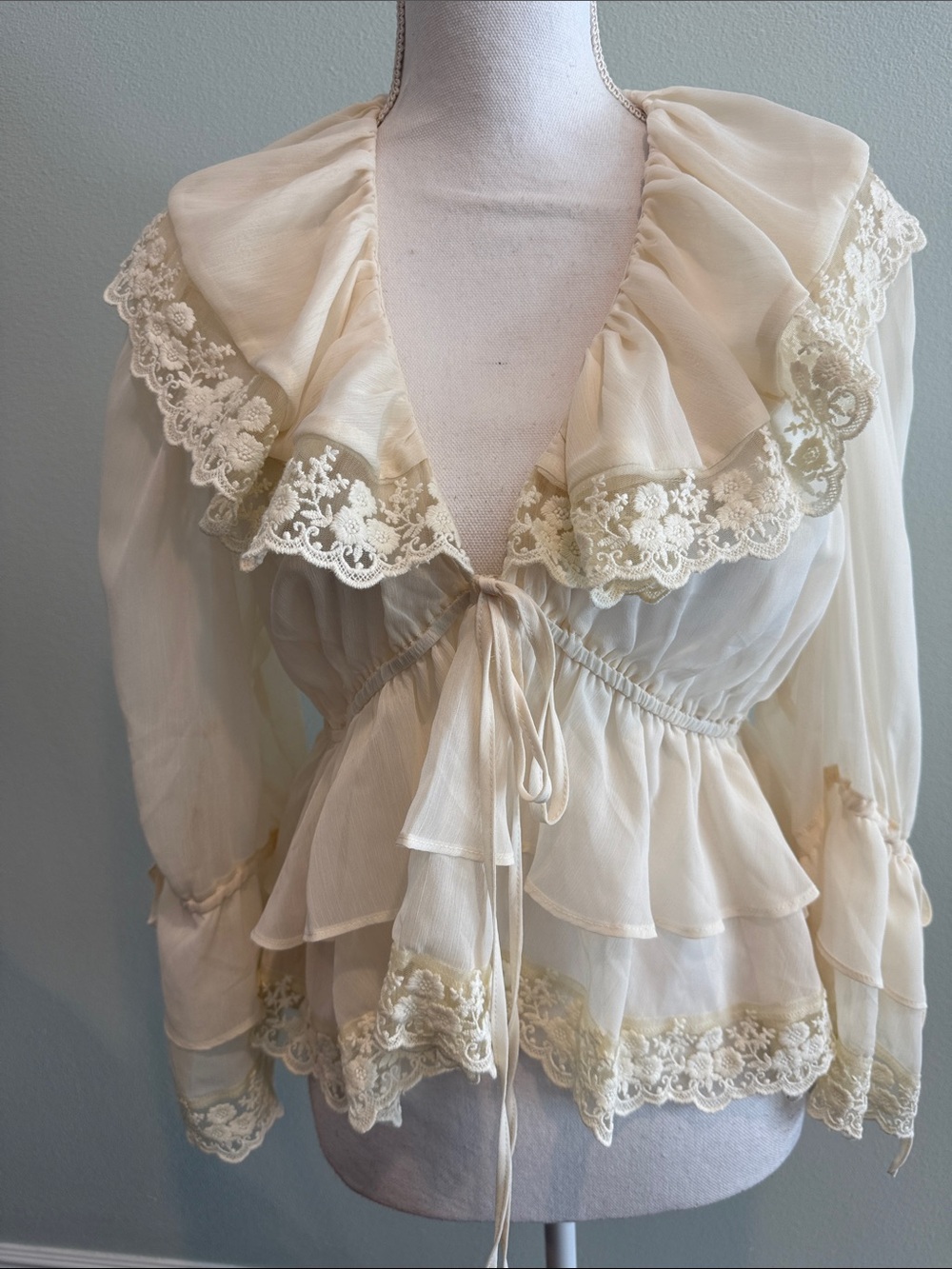 Vici Cream Ruffle Lace-Trim Peplum Blouse
